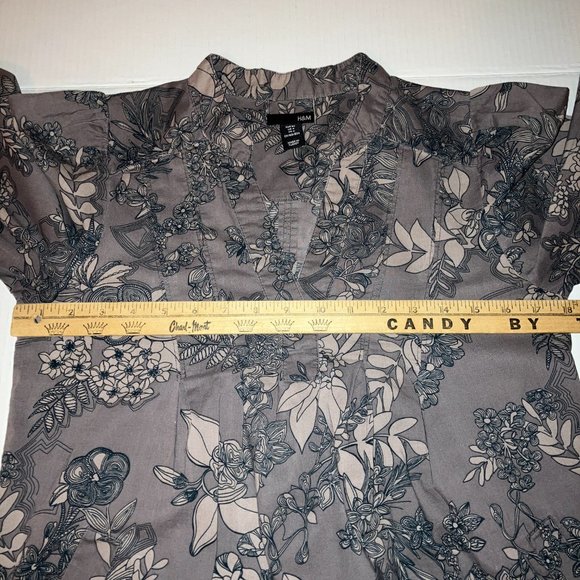 H&M Womens Organic Cotton 3/4 Puff Sleeve Grey Floral Blouse Size 4 - Picture 10 of 12